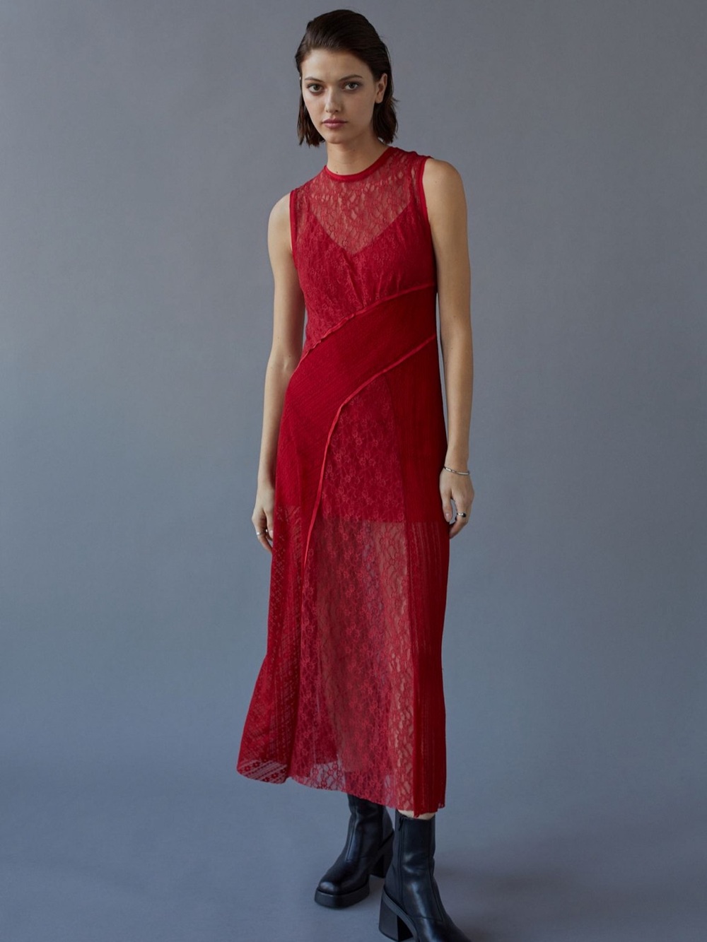urban outfitters red ‘maxine knit lace midi dress’